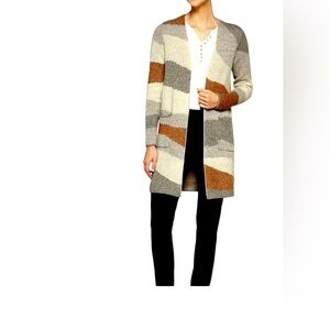 New Fortune & Ivy Striped Open Front Cardigan Sweater gray white tan Small